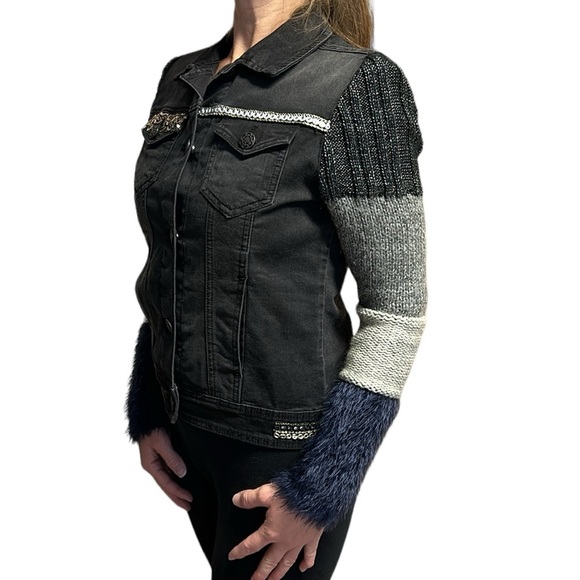 Desigual Exotic Denim Jacket Faux Fur Color Block Knit Sleeves Black Size 36/4 - Picture 8 of 16
